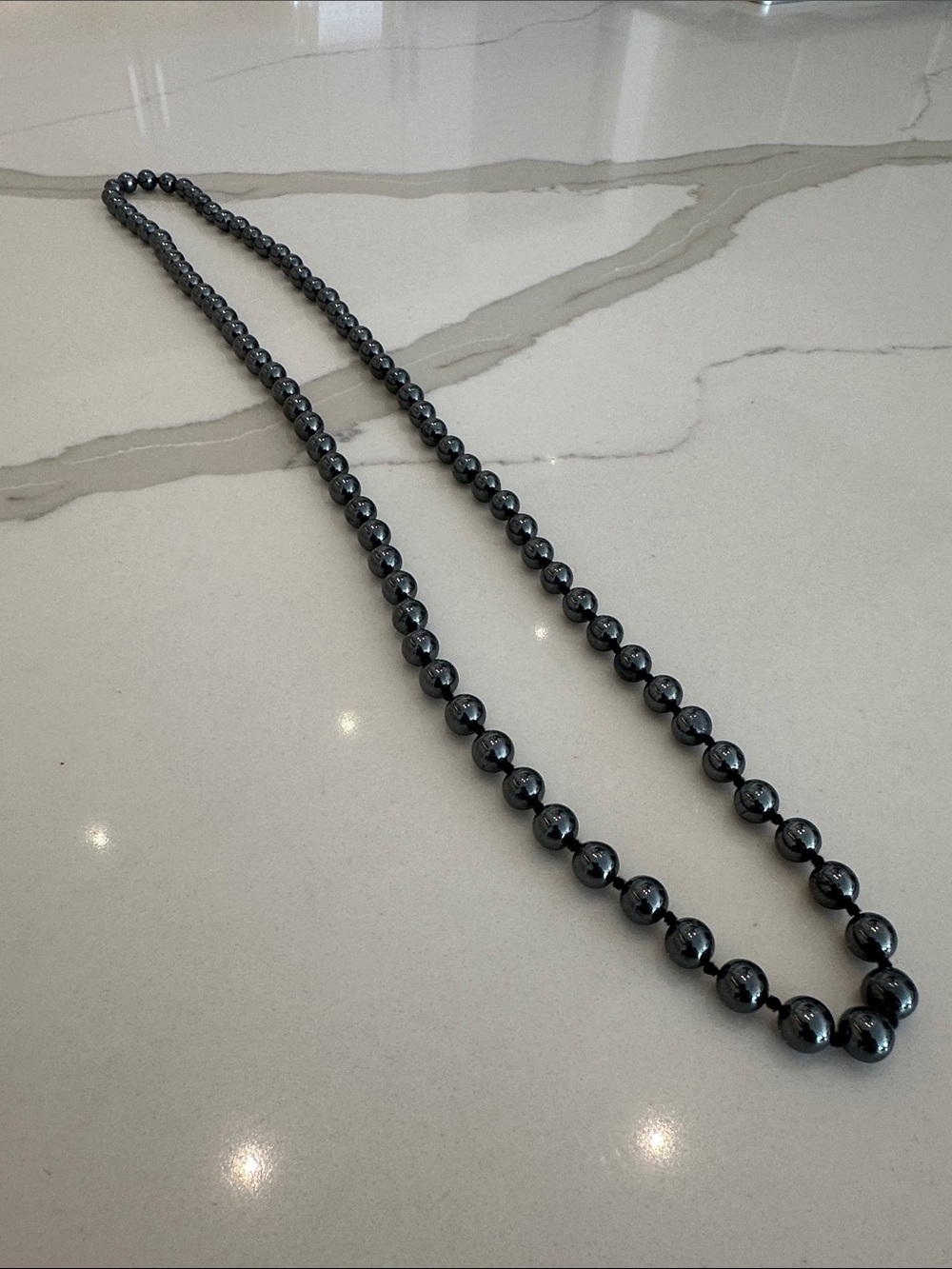 Long Hematite Bead Necklace 32” vintage antique